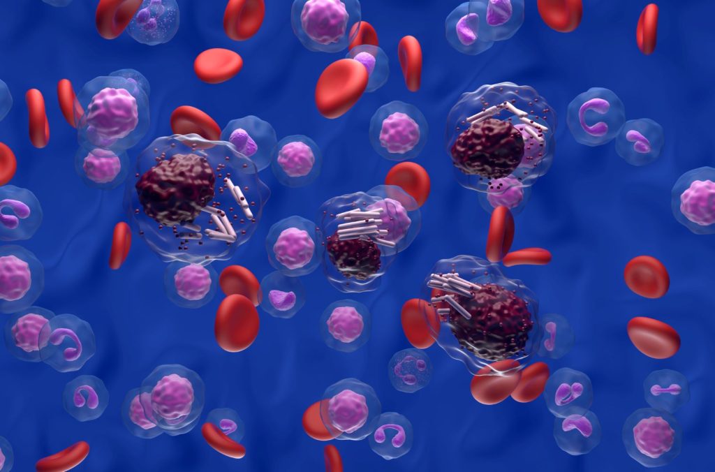 Chronic lymphocytic leukemia (CLL) cells in blood flow, isometric view 3d illustration, oncology, hematology