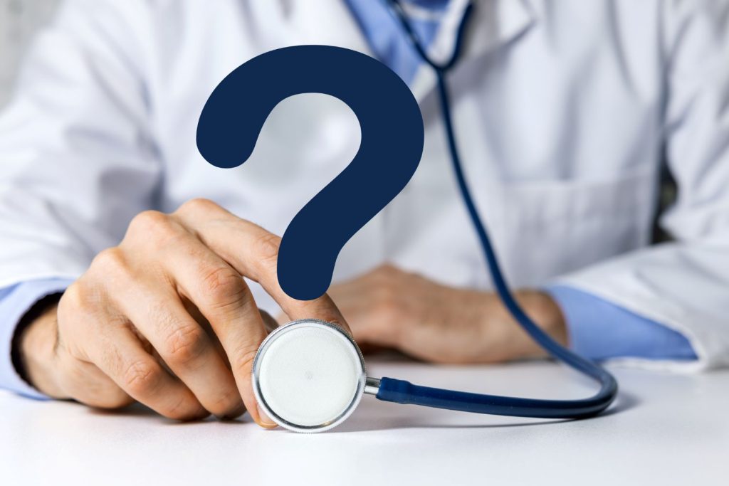 Doctor with stethoscope question mark. medical advice health care confusion quiz survey poll