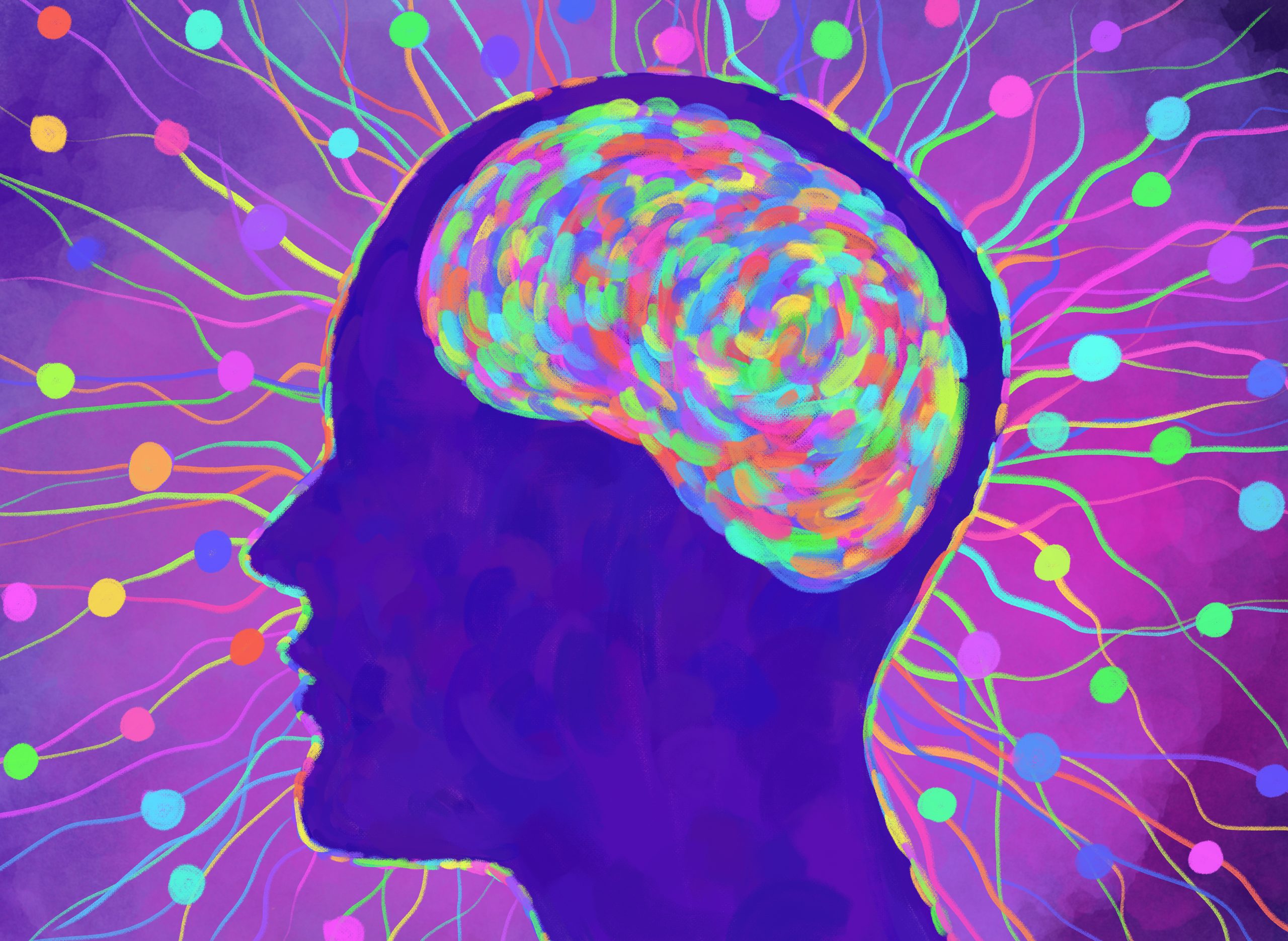 Human profile illustration. Brain, mental activity, mental activity. Brain nerves.