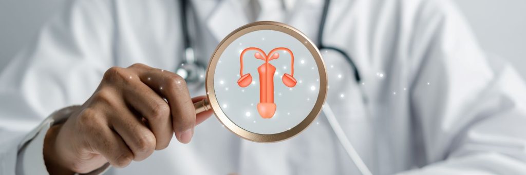 Doctor checking male genitals through magnifying glass, penile, penis, world cancer day. Urology, genitourinary treatment, urology, photo