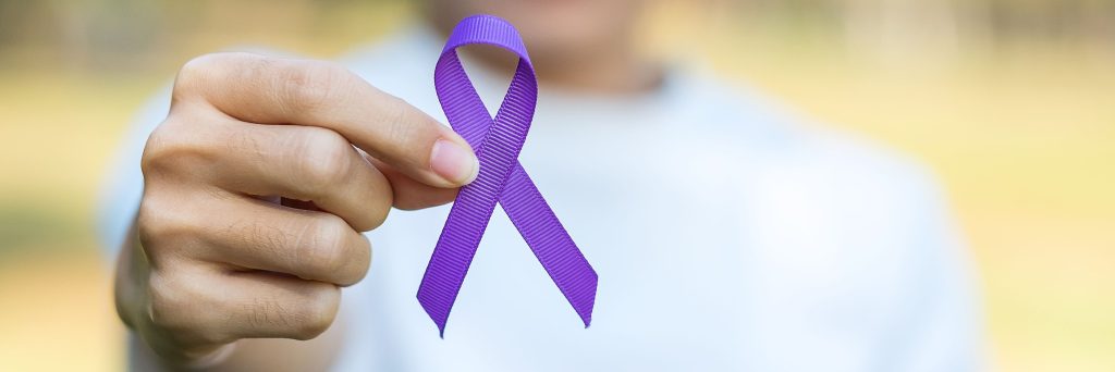 Pancreatic Cancer, world Alzheimer, epilepsy, lupus and domestic violence day Awareness month, Woman holding purple Ribbon for supporting people living. Healthcare and World cancer day