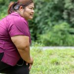 Asian obese obesity overweight woman workout outdoors exercising in park, Sport and recreation for weight loss idea