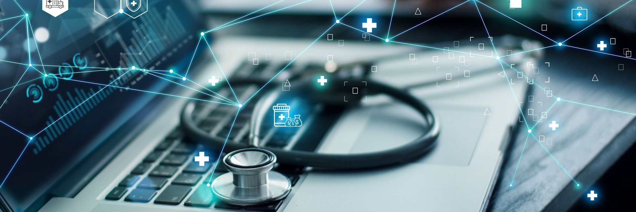 Healthcare business graph data and growth, Insurance Healthcare. Doctor analyzing medical of business report and medical examination with network connection on laptop screen.