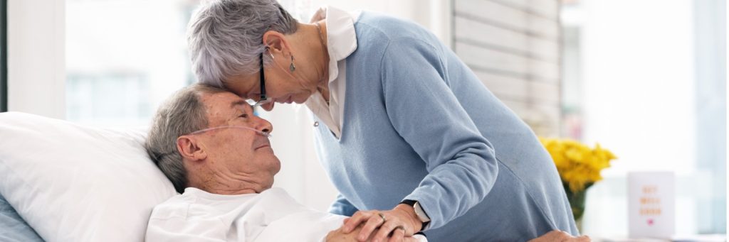 Hospital, love or elderly couple, sick patient and affection for empathy, marriage bond and support for senior person.