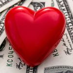 medical costs, medical finance, money, operation cost, Red heart on dollar banknotes background, money